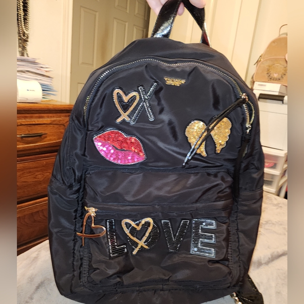 Victoria's Secret Black and Gold Backpack with Patches And Embellishments